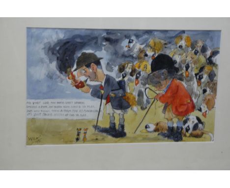 John William Wilkinson (Wilk 1906-1994), watercolour cartoon, Johnny Richardson and The Blencathra Foxhounds with Jackie smok
