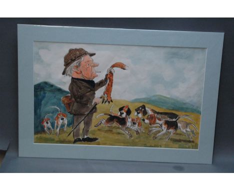 Attributed to John William Wilkinson (Wilk 1906-1994), watercolour cartoon, gentleman with fox and hounds.  34 cm x 55 cm, mo