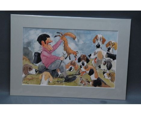 John William Wilkinson (Wilk 1906-1994), watercolour cartoon, gentleman with hounds and fox, signed and dated '93.  29 cm x 4