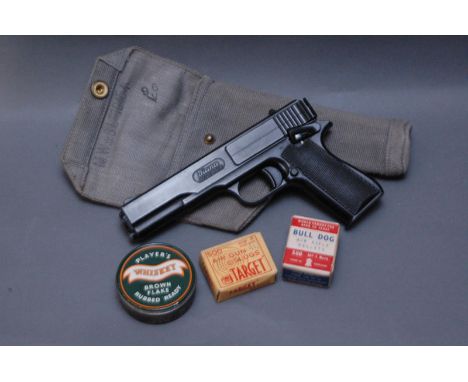 Diana repeater BB gun, canvas pistol holder stamped with a broad arrow and 96, box of Bulldog air gun pellets and box of air 