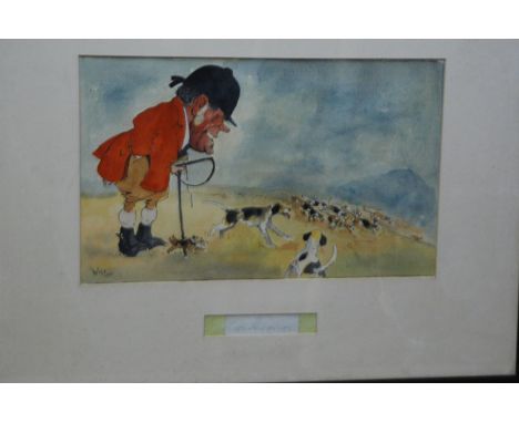 John William Wilkinson (Wilk 1906-1994), watercolour cartoon, Johnny Richardson and The Blencathra Foxhounds chasing a fox, s