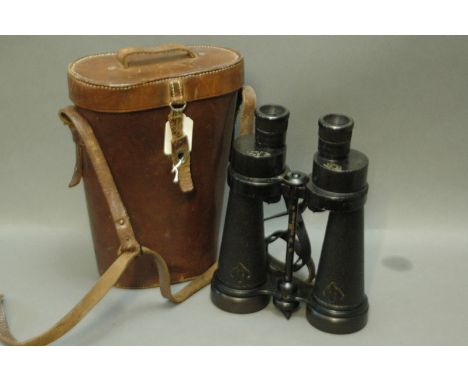 Pair of Bar & Stroud military issue binoculars, 7 x, stamped with a broad arrow and Serial No. 39630, with leather case.