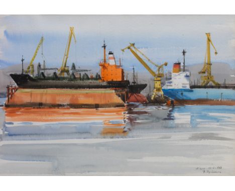 Paris PREKASGreek, 1926 -1999Syros, tankers, the shipyardwatercolour on papersigned and dated 15-6-1988 lower right51 x 73 cm