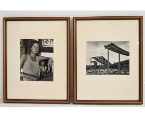 Two mid 20th century black and white photographs, Portrait of a Lady and Cars under a Road, both framed and glazed. H.49 W.38