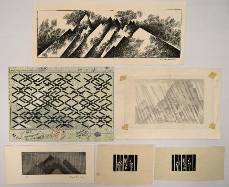 TREVOR FRANKLAND (British 1931-2011).

Mixed media containing two signed linocuts, pen and ink drawings, and a signed etching