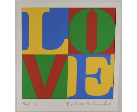 Peter Blake (1936- present). 

‘Love’ screen-print numbered 196/175. Signed and numbered in pencil. H.15 W.14.5cm

Provenance