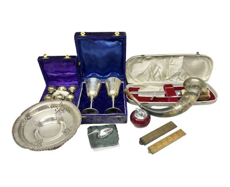 Hunting horn, with silver plated mounts, Ronson red glass table lighter, silver plated bowl, goblets and liquer glasses and o