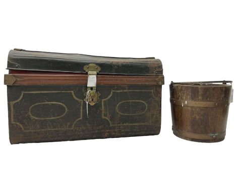 Victorian tin travelling trunk, hinged dome top (W70cm D48cm H44cm); wooden log bucket with metal liner (D33cm) 