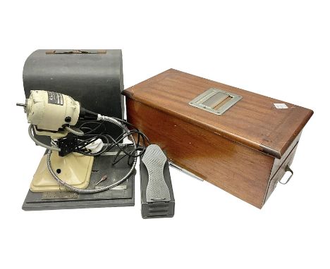 Vintage wooden cash till and a CJ Plucknett bench grinder