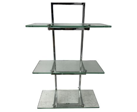 Art Deco design chrome and glass three tier wall shelfDimensions: Height:&nbsp;77cm&nbsp; Length/Width:&nbsp;40cm&nbsp; Depth