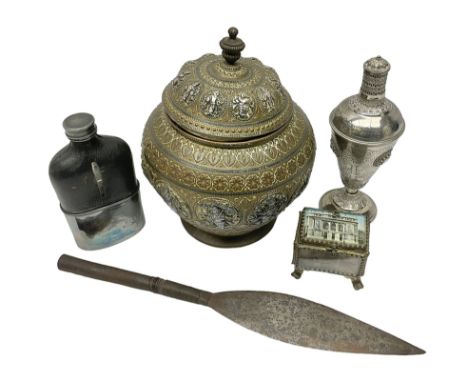 Indian lidded jar; Victorian hip-flask; native spear head; white metal bottle and French trinket box