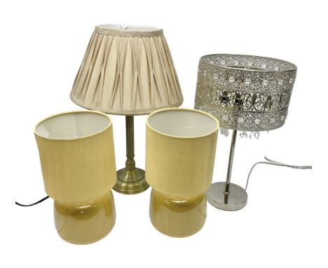 Chrome table lamp, with pierced tassel shade, together with a brass effect table lamp and a pair of ceramic table lamps, tall