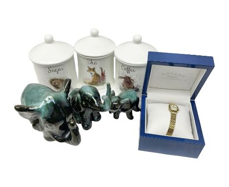 Three Canadian Blue Mountain pottery elephants, Royal Worcester Wrendale designs tea, coffee, and sugar pots and a boxed Rota