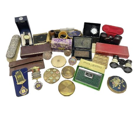 Collection of compact mirrors, including Stratton and Majestic examples, together with four pairs of opera glasses, Masonic j