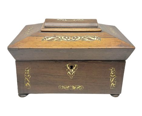 Victorian inlaid rosewood tea caddy of sarcophagus form H18cm