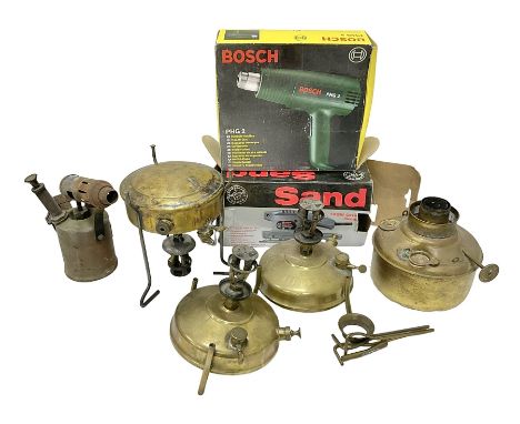 Collection of vintage and modern tools, including blow torch, sander etc