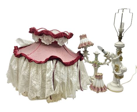 Jaffe Rose figural ceramic table lamp, modelled as two putti climbing a column with gilded cloth, together with a Capodimonte