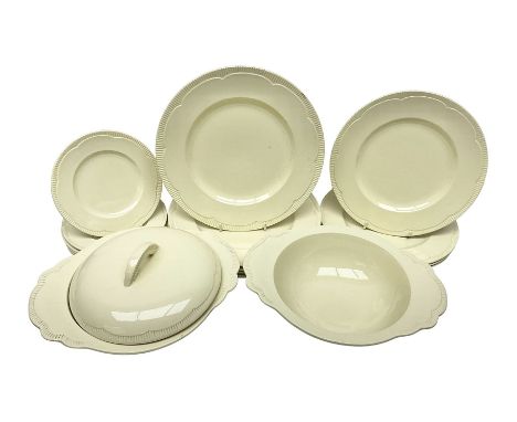 Clarice Cliff for Newport Pottery dinner wares, reg no. 840076, comprising two tureens, one with cover, dinner plates, desser