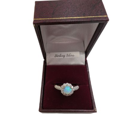 Silver opal and cubic zirconia cluster ring, stamped 925, boxedCondition Report:Size R