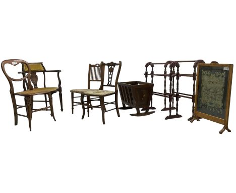 Edwardian inlaid mahogany corner elbow chair, shaped and pierced splat inlaid with urn and ribbon motifs, on square tapering 