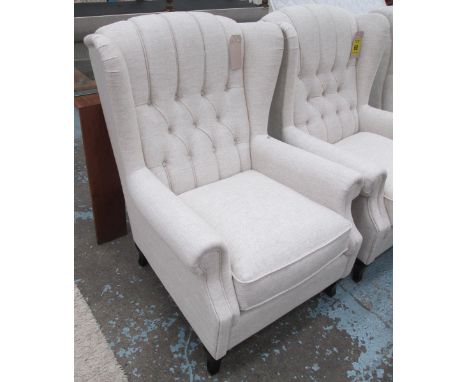 WINGBACK ARMCHAIRS, a pair, button back, on shaped feet, 82cm W. (2)