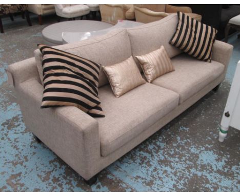 SOFA, three seater, with cushions, in beige fabric, 211cm W x 90cm D x 69cm H. 