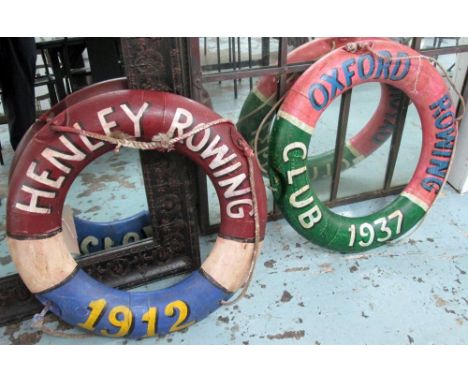 'LIFE BUOY RINGS', a pair, vintage style, marked 'Henley Rowing 1912' and 'Oxford Rowing 1937', both 68cm W. (2)