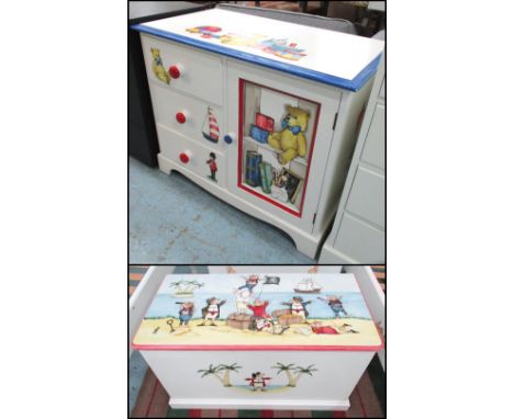 CHILD'S CHEST, with three drawers and a cupboard with Teddy and Soldier detail, 84cm W x 45cm D x 72cm H, plus a pirate coffe
