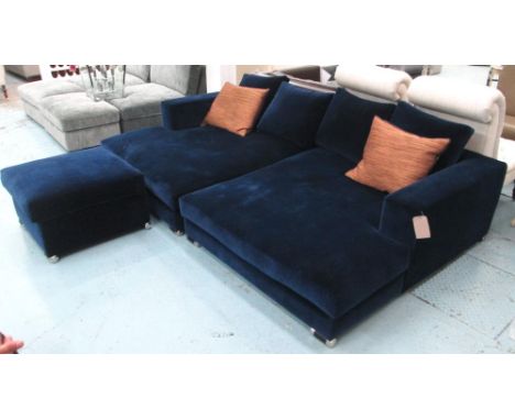 SOFA in blue velvet upholstery of unusual depth,with footstool, 163cm D x 265cm L x 61cm H, (in two halves for ease of transp