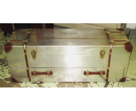 TRUNK, aviator style aluminium with single drawer and hinged top, 44cm H x 120cm W x 40cm D. 