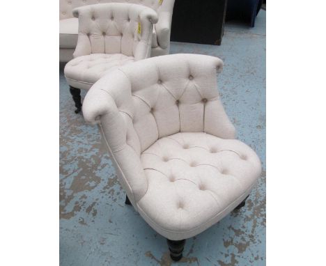 BEDROOM CHAIRS, a pair, button back, in oatmeal fabric, on front castors, 58cm W. (2)
