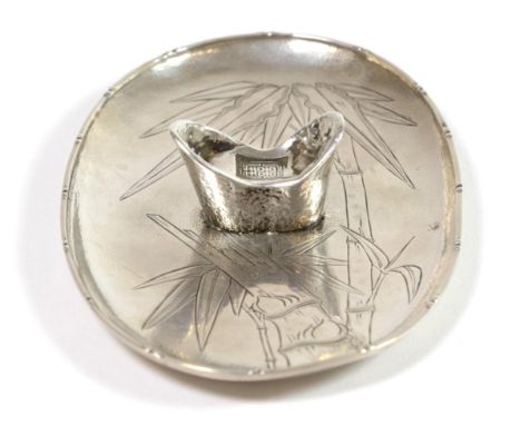 A Chinese Export Silver Chopstick Rest, Zee Sung, Shanghai, oval with bamboo rim and engraving, the central rest modelled as 