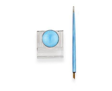 A Continental Silver and Enamel Inkwell and Dip Pen, circa 1900/20, stamped 935, decorated in sky blue translucent enamel ove