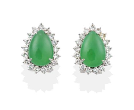 A Pair of Jade and Diamond Cluster Earrings, pear cabochon jade within borders of round brilliant cut diamonds, total estimat