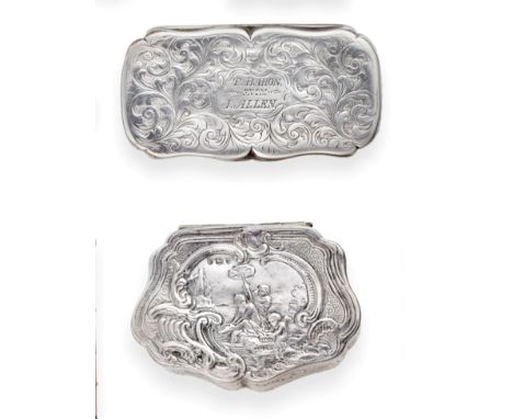 An Early Victorian Silver Snuff Box, Edward Smith, Birmingham 1841, shaped rectangular with scrolling foliate engraving, the 