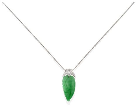 An 18 Carat White Gold Jade and Diamond Pendant, on Chain, a carved jade plaque depicting a gourd and suspended from a diamon