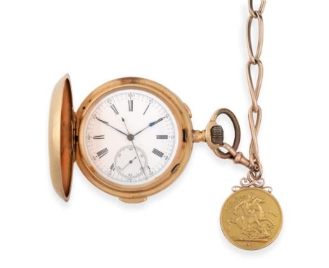 An 18ct Gold Full Hunter Repeater Chronograph Keyless Pocket Watch, circa 1910, lever movement, column wheel chronograph move