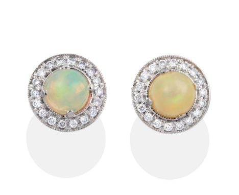 A Pair of Opal and Diamond Cluster Earrings, round opals within border of grain set round brilliant cut diamonds, total estim