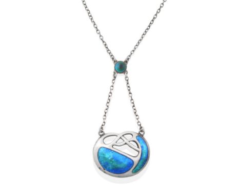 An Art Nouveau Silver and Enamel Necklace by Charles Horner, of knot motif filled with blue green enamel and suspended by cha