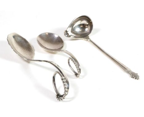 Georg Jensen: Three Danish Silver Condiment Spoons, comprising: An Acanthus Pattern Ladle, import marks for George Stockwell,