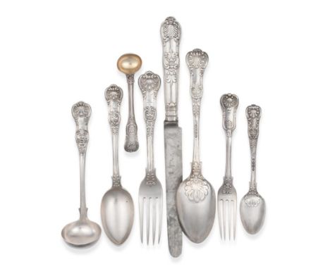 A Composite Part Service of William IV/Victorian Silver Queens Pattern Flatware, predominantly John James Whiting and Hayne &