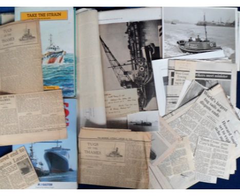 Ephemera, Tugs and Towing, a selection of items to include a scrap book dating from the 1940s to the 80s containing timetable