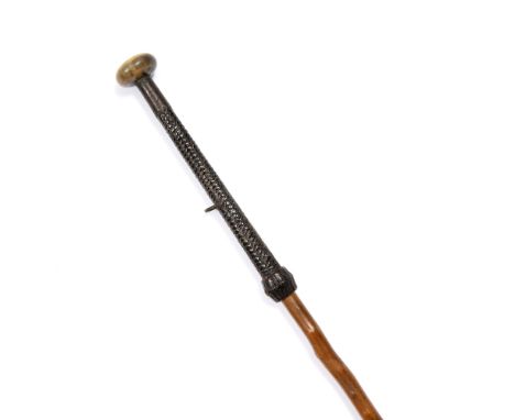 MAKILA BASQUE COUNTRY WALKING STICK, horn and leather top with a metal spike end with inscribed AINCIART LARRESSORE 1914 (mas