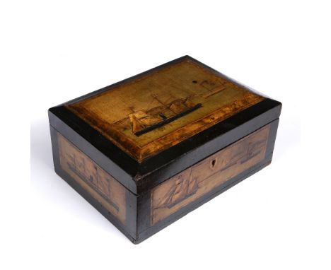 A 19TH CENTURY EBONISED AND INLAID 'TRINITY LIGHTHOUSE' WORK BOX, the lid and sides inlaid with sailing ships, steamboats and