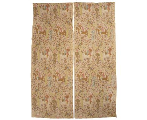 A PAIR OF MIDDLE EASTERN PRINTED LINEN CURTAINS decorated figures on horseback in a pale green ground floral field, 191 x 75c