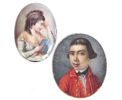 A 19TH CENTURY CONTINENTAL ENAMEL OVAL MINIATURE PORTRAIT, of a young lady reading a book, 3.2cm; and a late 18th Century ova