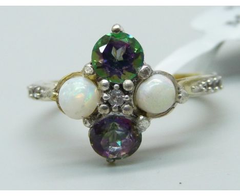 A silver gilt mystic topaz and opal cluster ring, L 