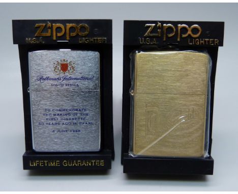 Two Zippo lighters, Chesterfield, as new, and Rothmans International 