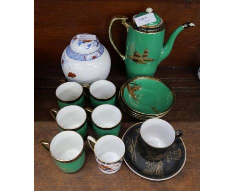 A Noritake green, black and gold coffee set, five setting and other oriental china, coffee pot a/f 