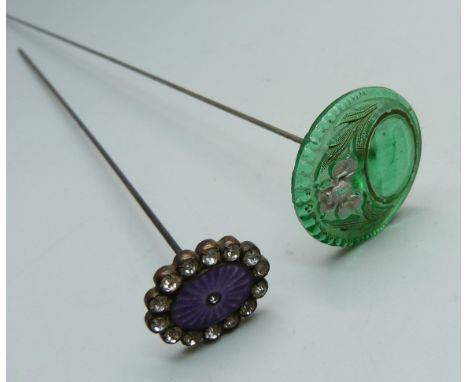 A guilloche enamel hat pin and an Art Nouveau glass hat pin 